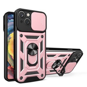 iPhone 15 Ring Lens tok kameralencse védővel, kihajtható mágneses támasszal rózsaszín Alphajack telefontok