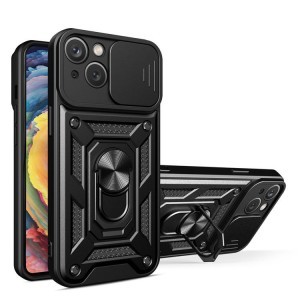 iPhone 15 Plus Ring Lens tok kameralencse védővel, kihajtható mágneses támasszal fekete Alphajack telefontok