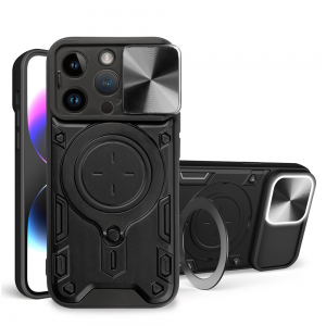 iPhone 15 Pro Ring Armor tok kameralencse védővel, kihajtható támasszal, fekete Alphajack