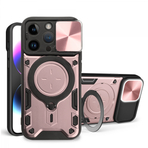 iPhone 15 Pro Ring Armor tok kameralencse védővel, kihajtható támasszal, rózsaszín Alphajack