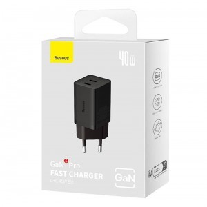  Baseus GaN5 hálózati töltő adapter 2x USB-C 40W (fekete)