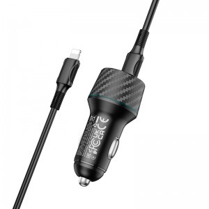 Borofone autós töltő BZ21 Brilliant USB + Type C QC 3.0 PD 48W + Type C - Lightning kábel fekete