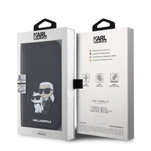 iPhone 15 Karl Lagerfeld PU Saffiano Karl és Choupette NFT Book tok, telefontok fekete