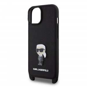 iPhone 15 Karl Lagerfeld Saffiano Crossbody Metal Ikonik keresztpántos tok, telefontok fekete