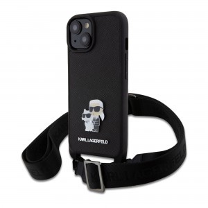 iPhone 15 Plus Karl Lagerfeld Saffiano Crossbody Metal Karl és Choupette keresztpántos tok, telefontok fekete