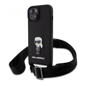iPhone 15 Plus Karl Lagerfeld Saffiano Crossbody Metal Ikonik keresztpántos tok, telefontok fekete