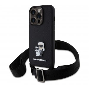 iPhone 15 Pro Karl Lagerfeld Saffiano Crossbody Metal Karl és Choupette keresztpántos tok, telefontok fekete