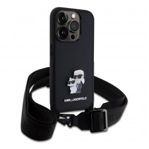 iPhone 15 Pro Karl Lagerfeld Saffiano Crossbody Metal Karl és Choupette keresztpántos tok, telefontok fekete
