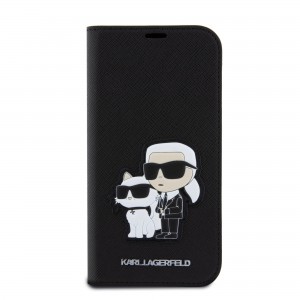 iPhone 15 Pro Karl Lagerfeld PU Saffiano Karl és Choupette NFT Book tok, telefontok fekete