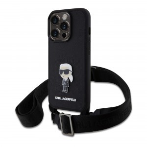 iPhone 15 Pro Karl Lagerfeld Saffiano Crossbody Metal Ikonik keresztpántos tok, telefontok fekete