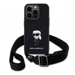 iPhone 15 Pro Karl Lagerfeld Saffiano Crossbody Metal Ikonik keresztpántos tok, telefontok fekete