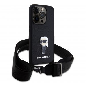 iPhone 15 Pro Max Karl Lagerfeld Saffiano Crossbody Metal Ikonik keresztpántos tok, telefontok fekete