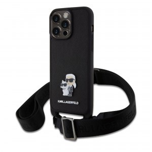 iPhone 15 Pro Max Karl Lagerfeld Saffiano Crossbody Metal Karl és Choupette keresztpántos tok, telefontok fekete