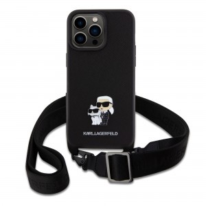 iPhone 15 Pro Max Karl Lagerfeld Saffiano Crossbody Metal Karl és Choupette keresztpántos tok, telefontok fekete