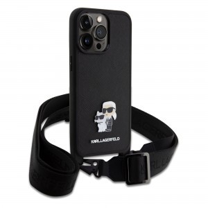 iPhone 15 Pro Max Karl Lagerfeld Saffiano Crossbody Metal Karl és Choupette keresztpántos tok, telefontok fekete