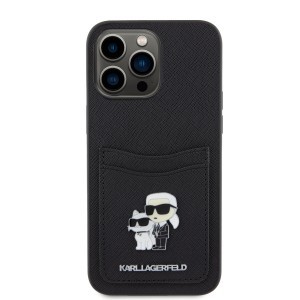 iPhone 15 Pro Karl Lagerfeld KLHCP15LSAPKCNPK PU Saffiano Card Slot Metal Karl and Choupette tok fekete