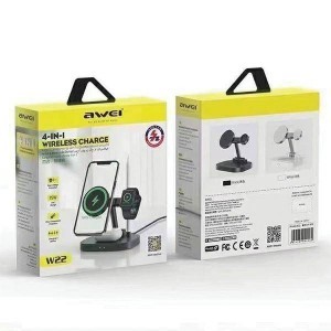 AWEI Indukciós töltő 4 az 1-ben 15 W gyorstöltő (W22) fekete (iPhone Magsafe, Apple Watch, Airpods, Apple Pencil Lightning)