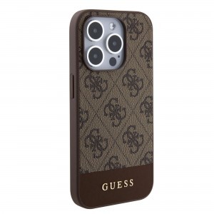 iPhone 15 Pro Guess PU 4G Stripe Magsafe-kompatibilis tok, telefontok barna (GUHMP15LG4GLBR)