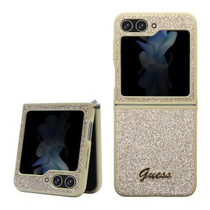 Samsung Galaxy Z Flip 5 Guess PC/TPU Glitter Flakes Metal Logo tok arany (GUHCZF5HGGSHD)