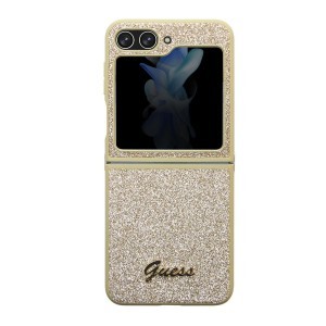 Samsung Galaxy Z Flip 5 Guess PC/TPU Glitter Flakes Metal Logo tok arany (GUHCZF5HGGSHD)