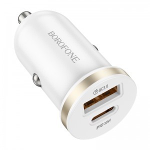 Borofone BZ22 autós töltő USB + Type C QC 3.0 PD 30W fehér