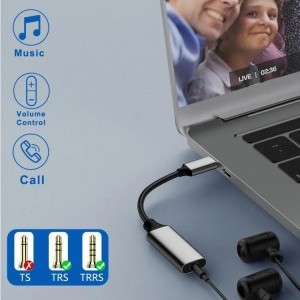 USB Type C - 3.5mm jack átalakító adapter (DAC) 10cm, szürke 24bit 96KHz, TRRS