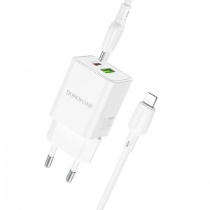 Borofone BN14 Royal GaN USB + Type C hálózati töltő adapter QC 3.0 PD 30W + Type C - Lightning kábel fehér