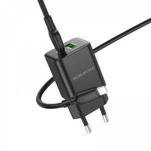 Borofone BN14 Royal GaN USB + Type C hálózati töltő adapter QC 3.0 PD 30W + Type C - Lightning kábel fekete
