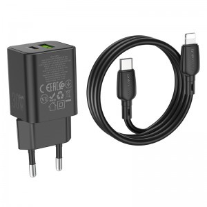 Borofone BN14 Royal GaN USB + Type C hálózati töltő adapter QC 3.0 PD 30W + Type C - Lightning kábel fekete