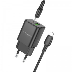 Borofone BN14 Royal GaN USB + Type C hálózati töltő adapter QC 3.0 PD 30W + Type C - Lightning kábel fekete