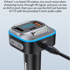 HIGI T73 Bluetooth FM Transmitter, szivargyújtós autós töltő 2x USB-A, 1x USB-C 30W PD QC3.0