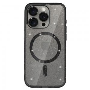 iPhone 15 Pro Glitter MagSafe tok fekete áttetsző