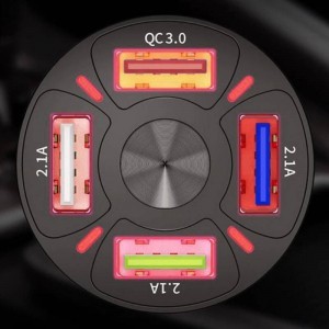 XTROBB 19907 Autós töltő QC3.0 4x USB + USB kábel - micro USB + Lightning + USB-C  fekete