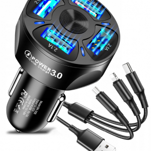 XTROBB 19907 Autós töltő QC3.0 4x USB + USB kábel - micro USB + Lightning + USB-C  fekete