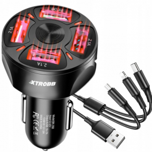 XTROBB 19907 Autós töltő QC3.0 4x USB + USB kábel - micro USB + Lightning + USB-C  fekete