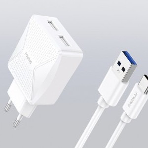 Foneng EU35 hálózati töltő adapter 2x USB-A + USB-A - USB-C kábel 2.4A (fehér)-6