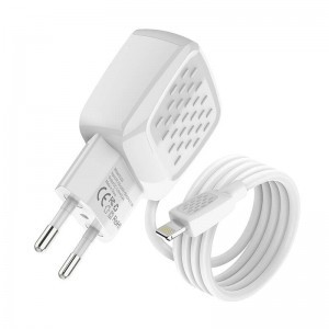 Foneng EU25 hálózati töltő adapter 2x USB-A 2.4A beépített Lightning kábellel (fehér)