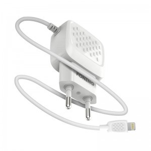 Foneng EU25 hálózati töltő adapter 2x USB-A 2.4A beépített Lightning kábellel (fehér)