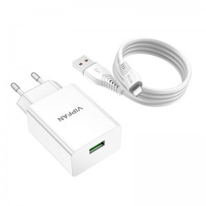 Vipfan E03 hálózati töltő adapter 1x USB-A 18W QC 3.0 + USB-A - Lightning kábel (fehér)