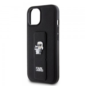 iPhone 15 Karl Lagerfeld Saffiano Grip Stand Metal Logo tok fekete (KLHCP15SGSAKCPK)