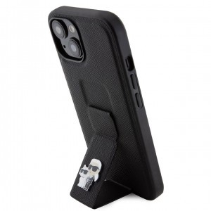 iPhone 15 Karl Lagerfeld Saffiano Grip Stand Metal Logo tok fekete (KLHCP15SGSAKCPK)