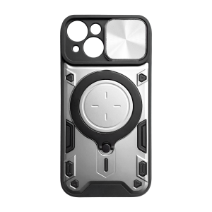 iPhone 15 Ring Armor tok kameralencse védővel, kihajtható támasszal, ezüst Alphajack