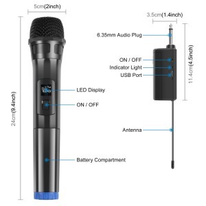 PULUZ UHF vezeték nélküli dinamikus mikrofon LED kijelzővel, 6.35mm vevővel (PU3152B)-1