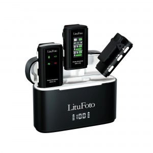 LituFoto VM12 vezeték nélküli mikrofon (2 adó + 1 vevő) töltődobozzal (3.5mm jack/lightning/USB-C) (iOS iPhone/Android)