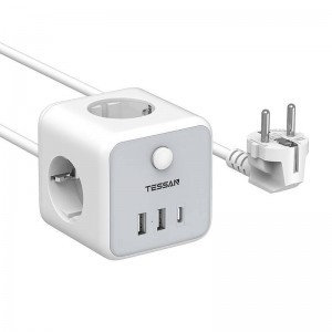 TESSAN TS-301-C-GR 3x hálózati elosztó + 2x USB-A, 1x USB-C töltő 2m