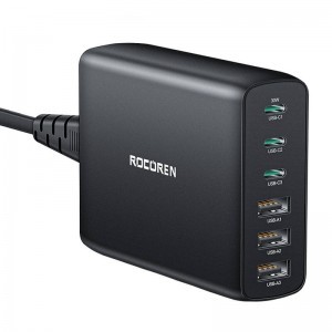 Rocoren hálózati töltő adapter GaN 3x USB-C, 3x USB-A, 100W (fekete)