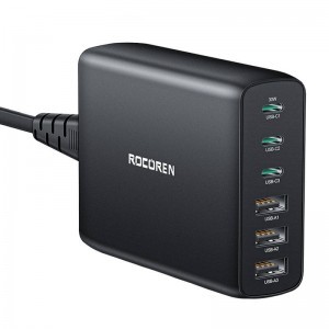 Rocoren hálózati töltő adapter GaN 3x USB-C, 3x USB-A, 100W (fekete)-0