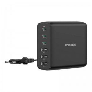 Rocoren hálózati töltő adapter GaN 3x USB-C, 3x USB-A, 100W (fekete)-1