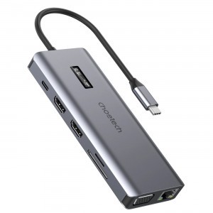 Choetech multifunkcionális HUB kijelzővel 12in1 USB-C to USB-C / USB-A / HDMI / VGA / AUX / SD / TF szürke (HUB-M26)