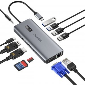 Choetech multifunkcionális HUB kijelzővel 12in1 USB-C to USB-C / USB-A / HDMI / VGA / AUX / SD / TF szürke (HUB-M26)